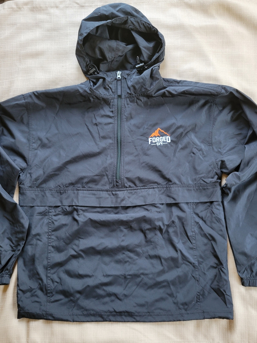 Champion Black Hooded Windbreaker Anorak with Orange Logo